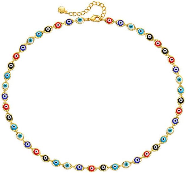 Dainty Evil Eye Beaded Chain Choker Necklace for Women Men Statement Colorful Enamel Ojo Turco Clavicle Adjustable Handmade Delicate Boho Turkish Lucky Amulet Protection Jewelry Gift for Her