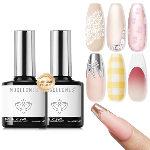 Image of modelones 2PCS Matte Gel Top Coat Chrome Proof, Powder-Resistant No Wipe Velvet Finish Clear Gel Polish For Nail Art Painting Chrome Isolation Long Lasting DIY U V Manicure Gift for Women