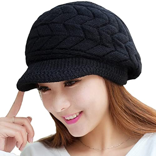 INOGIH Women Winter Warm Knit Hat Slouchy Beanie Cap with Visor, Flat Brim Shape Hat for Cold Weather Black