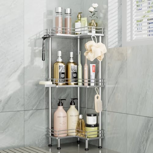 Image of Consumest Corner Shower Caddy Standing - 3-Tier Stainless Steel Shower Organizer with Soap Holder and 4 Hooks, Large Capacity Corner Shelf Stand for Bathroom, Rest Room, Silver