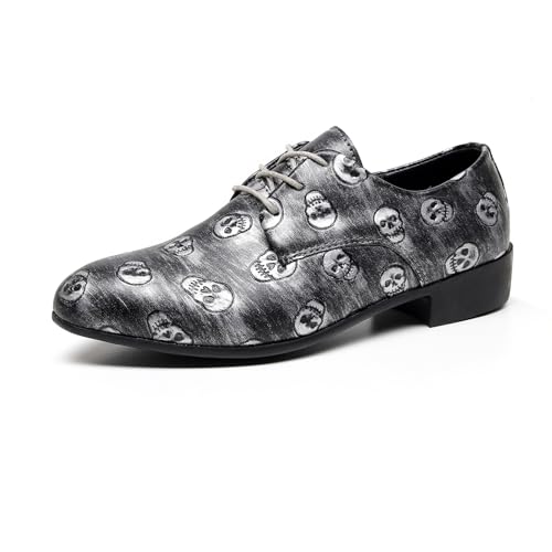 Men's Oxfords Formal Shoes Skull Print Leather Oxford with Lace-Up Black Comfortable Dress Shoes