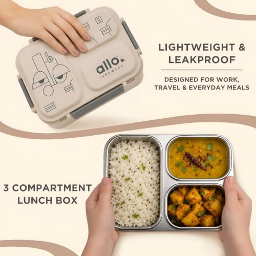 Image of Allo Bento Stainless Steel Lunch Box for Kids- BIS Approved, 304 Stainless Steel 3 Compartment Leakproof Tiffin Box for Boys and Girls for School, Travelling, Baby Snacks, 740ml Beige Cool Eyes