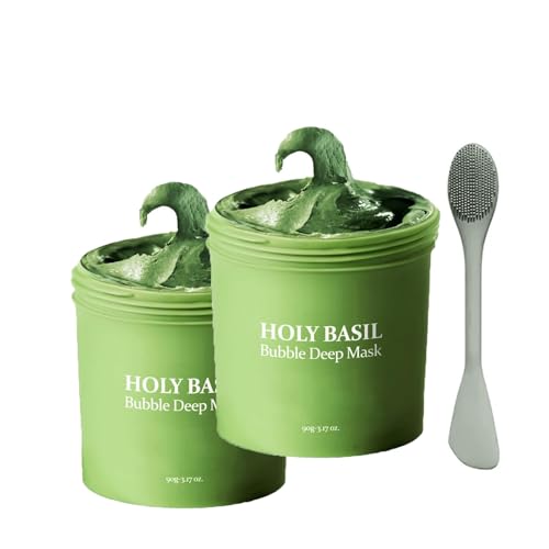 Mascarilla Limpiadora Profunda con Burbujas de Albahaca Sagrada - Limpiador de Poros Profundo para Eliminar Puntos Negros, Control de Grasa y Luminosidad Instantánea (2Pcs)