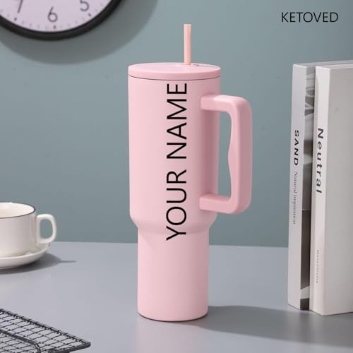 Image of Personalised with Your Name, 1200ml Tumbler with Straw-Handle-Stainless Steel Double Wall Insulated Cup | Leakproof Sipper Mug for Hot-Cold Drinks |Coffee - WaterTumbler (Pink Custom)
