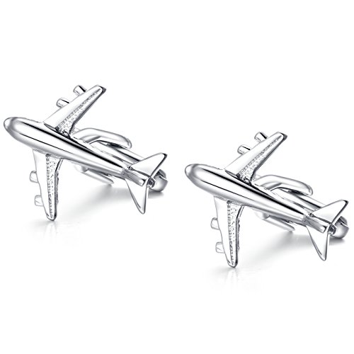 HONEY BEAR Airplane Plane Cufflinks for Men Shirt Steel with Gift Box Silver