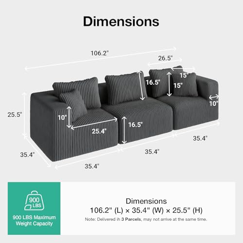 Image of Novilla 106 inch Modular Sectional Sofa, Deep Seat Modern Cloud Sectional Couch with Smarts Coil Support, Boneless Sectional Couch for Living Room Apartment, No Assembly Required, Dark Gray