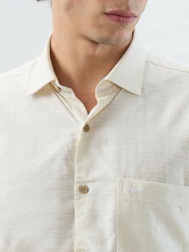 Image of Park Avenue Men Slim Fit Stripe Pattern Cotton Modal Blend Resort Collar Half Sleeve Casual Shirt