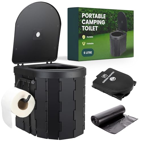 Green Haven Foldable Camping Toilet – Portable Loo for Adults with 6L Washable Basket & Built-in Roll Holder – Travel Toilet for Caravan, Festival, Outdoor, Indoor Emergency Use
