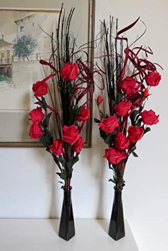 Link Products Valentines day Set Of 2 Black Glass Vases With Flowers for wedding tables Red & Black
