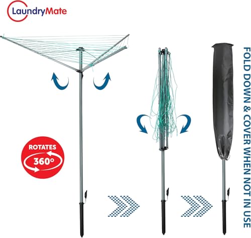 Siam Express 3 Arm 30m Rotary Steel Laundry Airer, Outdoor Clothes Drying Rack, Folding Washing Line, INCL. Cover, Ground Socket & Peg Bag, 360 Degree Rotary, Weatherproof, Height 1.75m - Image 6