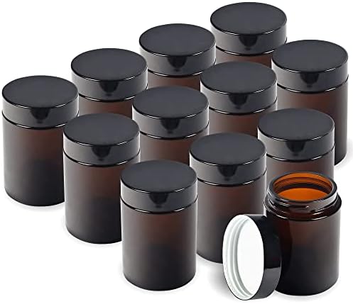 Brown Glass Cosmetic Tinted Jars (12 Pack) with Screw On Lids and White Liners for Creams, Lotions and Essential Oils - 6oz / 180ml Tubs