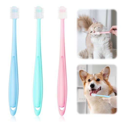 3 Stück Katzen Zahnbürste,Katzen Zahnpflege,Haustiere 360 Grad Zahnbürste Weich,Cat Toothbrush,Hundezahnbürste,Langgriff Wiederverwendbar Silikon Katzenzahnbürste für Katze und Kleine Dog