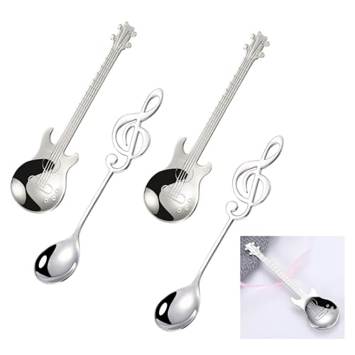 LINGJIA 4 Piezas Cucharas de Postre, Cucharillas Postre, Cucharillas Cafe, Cuchara Guitarra Café, Regalo Músico, Cuchara Acero Inoxidable, Cuchara Nota Musical, para Té, Café, Postre, Bebida, Batido