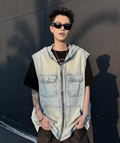 Pantete Men’s Denim Vest Sleeveless Zipper Vintage Distressed Western Cowboy Jean Vest with Hooded Trendy3