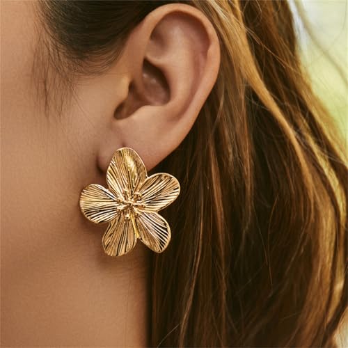 14K Gold Plated Gold Flower Earrings for Women,Boho Statement Large Double Flower Earrings Trendy Chunky Floral Stud Earrings Elegant Chic Flower Jewelry4