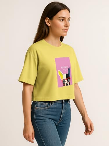 Image of HELLCAT Beige Printed Loose Fit Crew-Neck Crop T-Shirt for Women