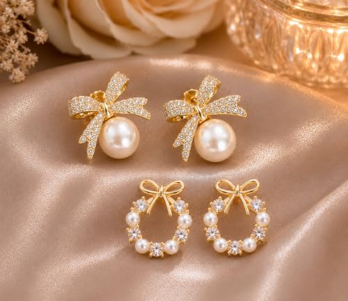 Image of TRENDY Korean Style Fashion Earrings Set, Pearl Bow and Crystal Bow Design, Women's Jewellery Accessories, 2 Pairs