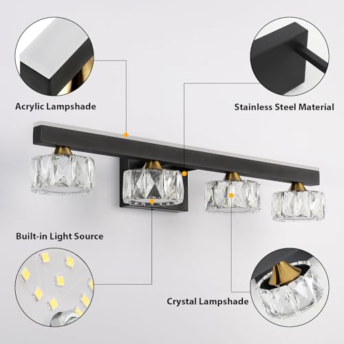 Image of Black Crystal Bathroom Vanity Light Fixtures Over Mirror for Bathroom Lighting (4 Lights)