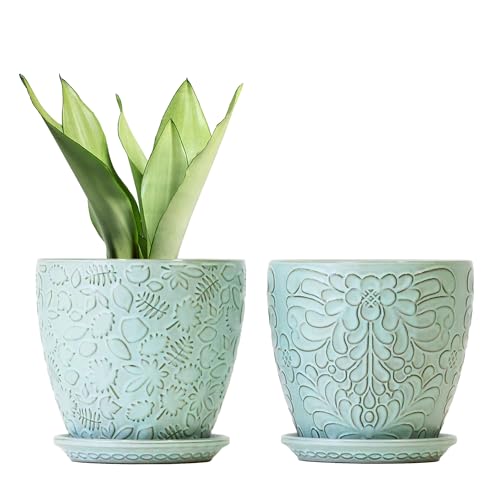 Bestseler 6 Inch Retro Ceramic Planter Set of 2 with Drainage Hole and Saucer for Plants, Indoor-Outdoor Garden Pots for Succulent, Orchid, and Flower (Fits Inner Pots Up to 5 Inches, Retro Green) by Bestseler - Used condition - US$22.67