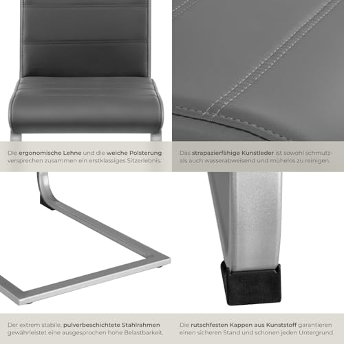 tectake® 4er Set Esszimmerstühle, Freischwinger Küchenstuhl mit Rückenlehne, Stühle für Esszimmer, Küchenstühle modern, Dining Chair, Polsterstuhl, Esstischstühle, Besucherstuhl - grau