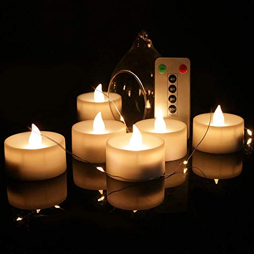 Candele LED con telecomando, 6 candele LED con funzione timer, flickering Tealight con timer, funzionamento a batteria (bianco caldo, 5,7 x 3,8 cm)