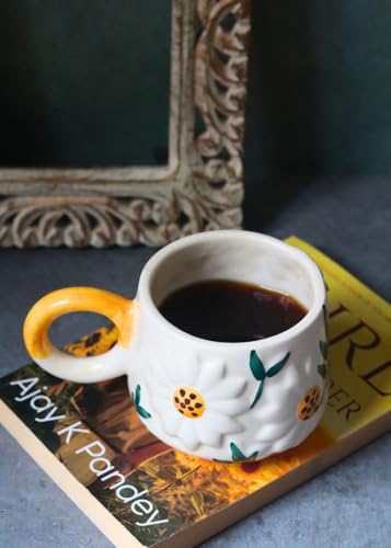 Image of WEAVING HOMES Daisy Bloom Mug 250 ML Handmade Ceramic Mugs Gift to Best Friend Coffee /Tea /Milk /Green Tea /Cold Coffee Mugs /Cup Microwave Safe & Dishwasher Safe (Set of 1)