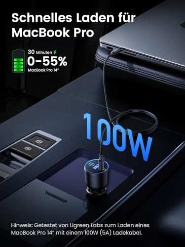 UGREEN 130W Zigarettenanzünder Schnellladen USB C 100W & 30W PD/QC Auto Ladegerät 3-Port 12V-24V KfZ Zubehör für MacBook Pro, iPhone 17/17Pro/17Pro Max/17 Air/16-12, iPad, Galaxy S25/S24