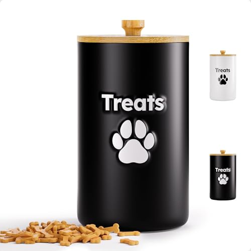 Dog Treat Container Airtight - 5 Inch Wide x 9 Inch Tall Ceramic Dog Treat Jar for Kitchen Counter with Airtight Bamboo Lid - 7 Cup Capacity Pet Treat Container - Doggie Cookie Jar - Treats Canister