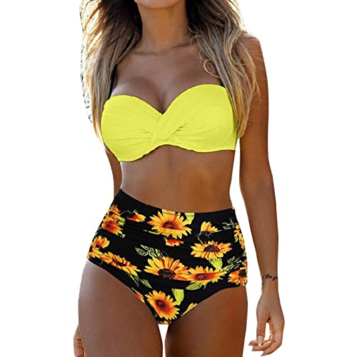 Mujer Bikini 2022 Trajes de Baño Mujer 2 Piezas Moda Ropa de Playa Conjunto de Verano Sin Tirantes Bañador Sexy Push Up Relleno Beachwear Biquini Mujer Brasileño Conjunto Ropa de Baño (Amarillo, XXL) Cover