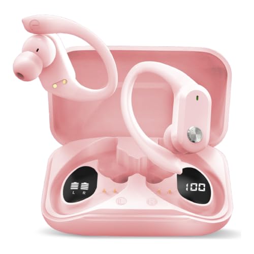 RCA Wireless Earbuds Bluetooth 5.3 Headphones Sport Sweat Resistant Sports Earphones with Earhooks,48H Playtime,Lightweight 7.8g,Fast Charging Case,Noise Cancelling Mic for Running Gym Workout-Pink