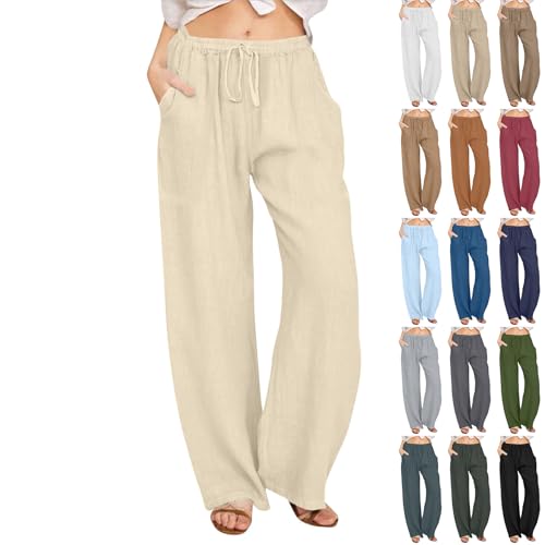 Linen Pants Women Casual Drawstring High Waisted Wide Leg Pants Trendy Boho Beach Travel Comfy Fit Pull On Pants with Pockets Cotton Cute Baggy Soft Tall Pants Trending Womens Clothes