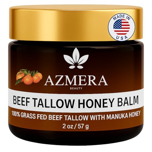 Azmera Beauty 100% Grass-Fed Beef Tallow Balm, Manuka Honey MGO263+, Organic Beeswax & Olive Oil, Beef Tallow for skin,Handmade Moisturizer for Dry Skin, Eczema Relief, & Healing Skin2oz, Orange