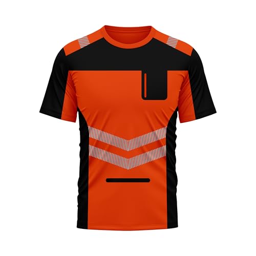 TORO ACTIVA Hi Vis Short Sleeve High visibility T shirt Breathable Round Crew Neck Work Safety with Reflective Tape High Visibility Work Tops (Orange Black 808 M)
