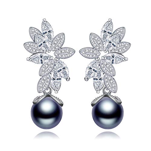 15mm Black Pearl Earrings for Women with 18K White Gold Plated AAA+ Zircon for Teen Girls Fashion Jewelry