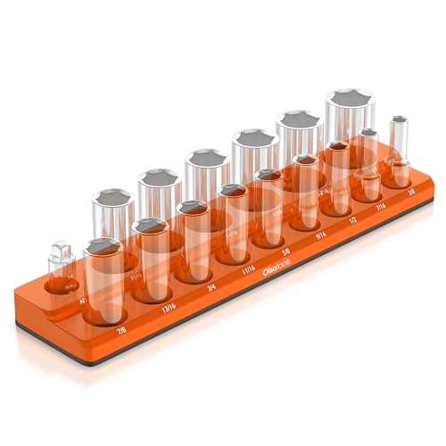 Image of Olsa Tools Magnetic Socket Organizer - 1 /2-Inch Drive SAE Socket Holder with Strong Magnets - Professional Tool Holder and Tool Organizer - Stores up to 16 Sockets - Orange - Part: 1289