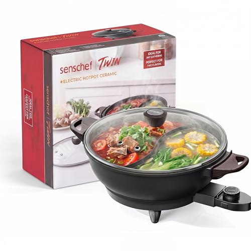 SENSCHEF TWIN™ Electric Hot Pot with Divider | PFAS-Free Ceramic Nonstick Pot | EvenHeat Cast Aluminum Body | 1500W Fast Heating | Dual-Flavor Shabu Shabu Pots for Family Use | 1-Yr Warranty