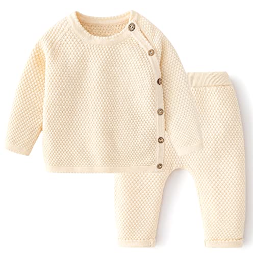 Toddler Baby Boys Girls Sweater Set Newborn Knit Crochet Outfit Pants Solid Clothes Long Sleeve Pullover Sweatshirt Tops Beige #TOP9