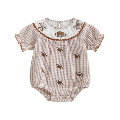 Newborn Baby Girl Football Outfit Football Bow Embroidery Plaid Smocked Bubble Romper Short/Long Sleeve Bodysuit