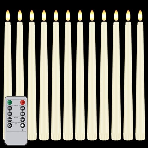 Hopule 12 Pcs Flickering Flameless LED Taper Candles 11 Long Fake Taper Candles Battery Operated with Remote Timer Ivory Plastic Electric Candlesticks for Wedding Party Christmas Holiday