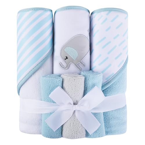 Image of Viviland Baby Towels and Baby Wash Cloths Set Hooded Baby Towels Baby Wipes Absorbent Bath Face Towels Burp Cloths or Face Towels for Girl Boy 6-Pack Size 28 x 28 Inch(Blue Elephant)