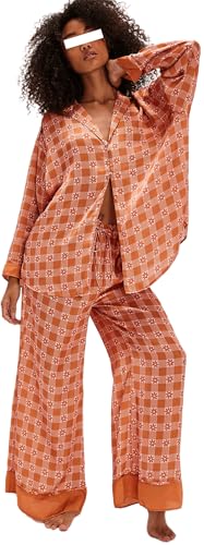 Image of LILTWIST Silk Satin Pajamas Set for Women 2 Piece Floral Pjs Wide Leg Lounge Pants Set Long Sleeve Button down Pj Shirts Set