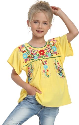 Image of YZXDORWJ Mexican Blouse for Girls Traditional Embroidered Summer Short Sleeve Peasant Blouse for Kids