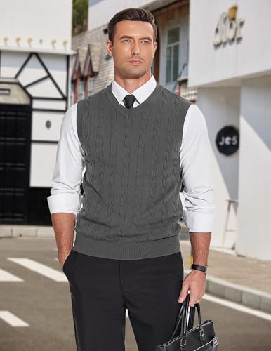 COOFANDY Mens Sweater Vest Casual Sleeveless V Neck Sweaters Striped Cable Knit Vests Slim Fit Pullover Sweater3