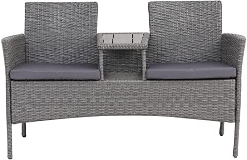 EVRE Lisbon Rattan 2 Seater Companion Partner Bench Garden Furniture Set Patio Conservatory for Terrace Balcony Garden Outdoor Indoor (Grey Lisbon Set)