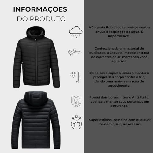 Jaqueta Puffer Bobojaco Masculina Casaco Corta Vento Acolchoada Impermeável Bolsos Capuz Removível (