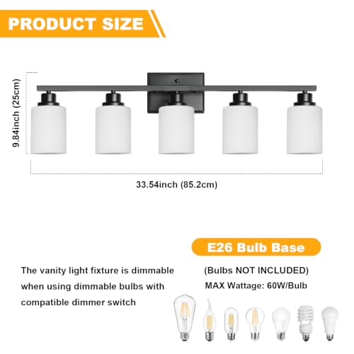 Image of Unicozin 5-Light Bathroom Light Fixtures, Modern Black Vanity Light Over Mirror, Wall Sconces with Milky White Glass Shades for Living Room Bedroom Hallway E26 Base