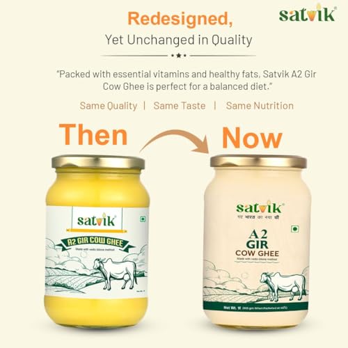Image of SATVIK PURE GHEE A2 Gir Cow Ghee 1 Litre Churned From Vedic Bilona Method Bilona Ghee A2 Cow Desi Ghee (Pack of 5)