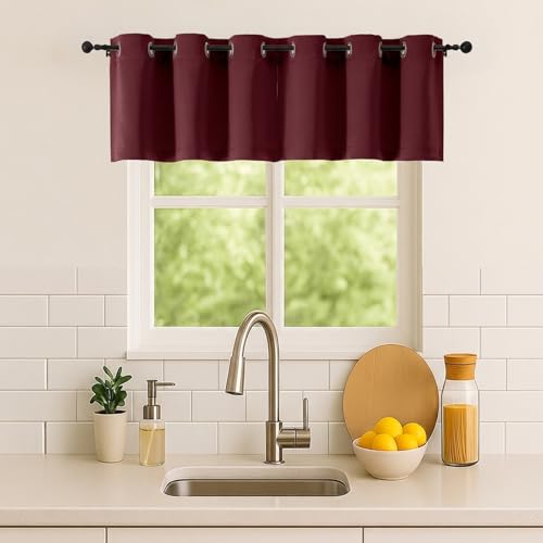 Image of Simplebrand Burgundy Kitchen Valances for Windows 18 Inches Long 2 Pack, Room Darkening Window Valances for Living Room, Grommet Short Straight Drape Kitchen Curtains for Bedroom Kids Room, 40Wx18L
