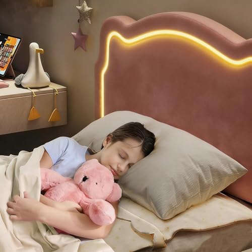 Image of GarveeHome Twin Upholstered Smart LED Bed Frame with Headboard, Velvet Princess Platform Bed Frame for Kids, Wooden Slats Support, No Box Spring Needed (Rose)