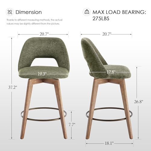Image of Zesthouse Swivel Farmhouse Bar Stools Set of 4, 26 inch Modern Counter Stools with Open Back & Natural Wood Legs, Upholstered Linen Fabric Counter Height Barstools, High Chairs for Island Kitchen, Green